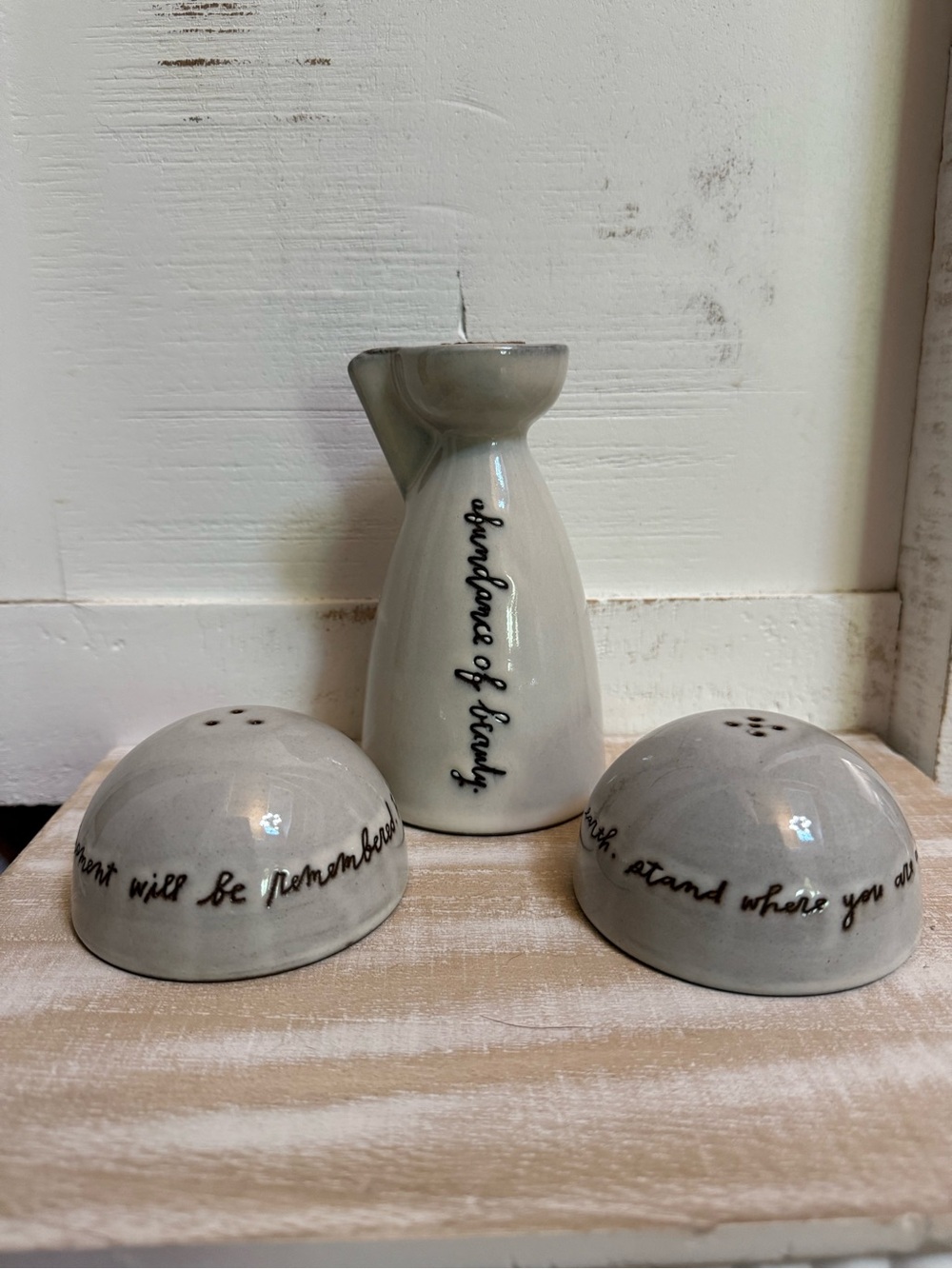 Rae Dunn boutique line Ceramic Grey Salt and Pepper Shakers with Matching Pourer